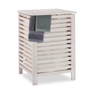 Relaxdays Cesto Ropa Sucia Hecho De Madera De Nogal Con Tapa, Cubo Colada Con Saco Lavable 52 L, 65,5x45x45 Cm, Blanco - Relaxdays