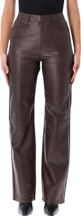 Rotate Brown Leather High-Waisted Straight-Leg Pants