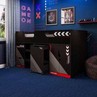 X Rocker Octane Mid Sleeper Gaming Cabin Bed Wardrobe & Pull out Desk in Red | Size: Single