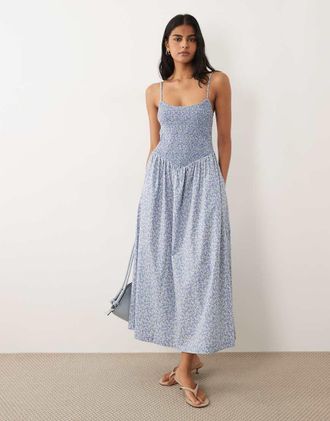 Abercrombie & Fitch Vestito lungo blu a fiorellini con vita svasata