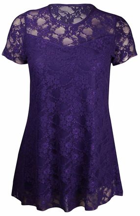 Generic New Ladies Womens Floral Lace Short Sleeve Flower Lined Patterned Stretch T-Shirt Tunic Party Top Plus Size UK 14-28 (14 UK, Purple)