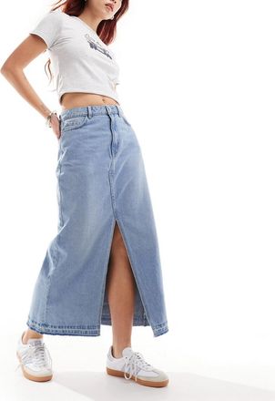 Jacqueline de Yong split front denim maxi skirt in light wash blue