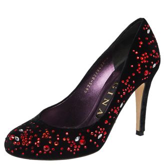 Gina Black Velvet Embellished Round Toe Pumps