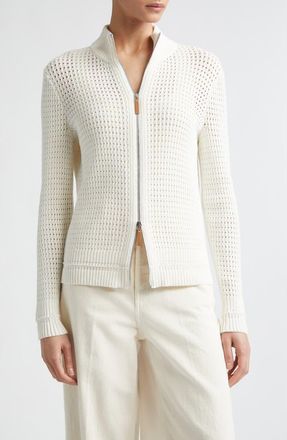 Lafayette 148 New York Open Stitch Cotton & Linen Blend Zip Cardigan in Cloud at Nordstrom, Size X-Small