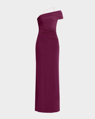 H&eacute;rve L&eacute;ger Crystal Strap Ruched One-Shoulder Gown