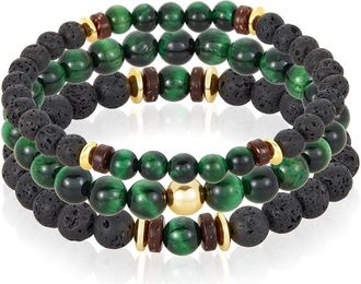 Crucible Jewelry Crucible Los Angeles 3 Pack Green Tiger Eye, Lava, Wood and Gold Hematite Bead Stretch Bracelets