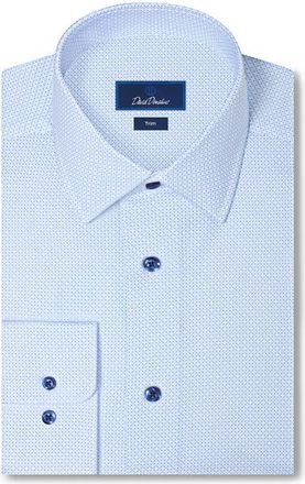 David Donahue Trim Fit Neat Print Stretch Cotton Twill Dress Shirt in Blue/white at Nordstrom, Size 18.5