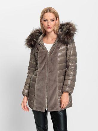 Heine Wintermantel HEINE, Damen, Gr. 34, grau (dunkeltaupe), 100% Polyester, Fellimitat:100% Polyester, Innenjacke:100% Polyamid, Wattierung:90% Daunen, 10%