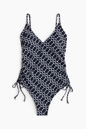 H&M Badeanzug mit wattierten Cups und Kordelzugdetails - Marineblau/Weiss Gemustert