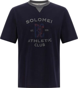 Brunello Cucinelli Katoenen jersey T-shirt met Solomei Athletic Club print - Heren - T-shirts - Blauw - L - Katoen - Tops