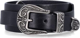 Golden Goose Black Washed Leather Belt With Silver Double Buckle