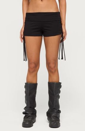 Edikted Saffyre Foldover Low Rise Lace-Up Shorts in Black at Nordstrom, Size X-Large