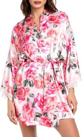 In Bloom by Jonquil Ella Floral Lace Trim Satin Robe in Powder Pink at Nordstrom Rack, Size X-Large