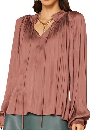 Current Air Split Neck Long Sleeve Top In Deep Rose Gold