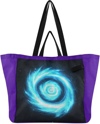 Generic Ice Blue Galaxy print Reusable Canvas Tote Bag, Heavy Duty Grocery Shopping Bag with Hard Bottom Double Handles Large Capacity Work Groceries Travel