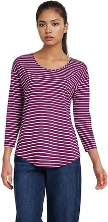Lands End Petite 3/4 Sleeve Lightweight Jersey Shirttail Tee in Raspberry/white Narrow Stripe at Nordstrom, Size X-Small