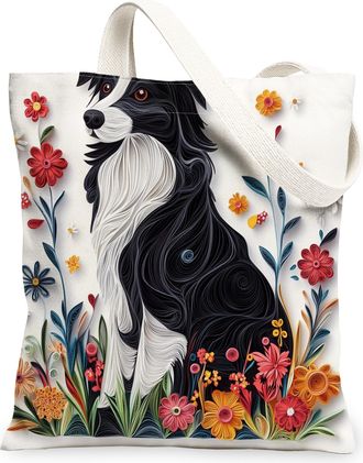 Generic Paper Quilling Border Collie Dog Canvas Tote Bag for Shopping 13x15, Fun Wildflower Puppy Reusable Grocery Print Pattern Bag for Women, Pet Beach Aest