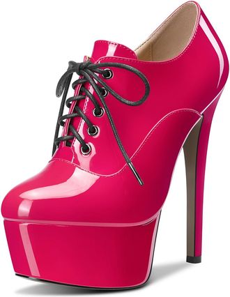Castamere Women High Platform Stiletto Heel Round Toe Lace-up Zipper Wedding Sexy Dress 15 CM Heels Magenta Peach Red 5.5 UK
