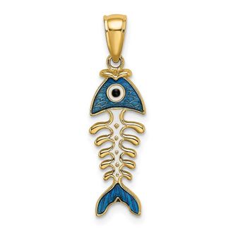 Diamond2Deal 14k Yellow Gold 3-D Blue Enamel Fish Bone Charm Pendant