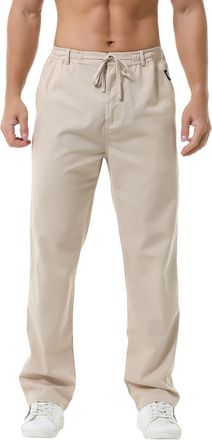 Hoerev Linen Cotton Casual Trousers Pants Drawing String Zipper Closure Beige