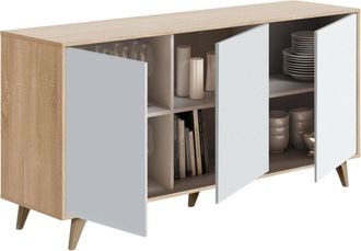 Dmora Credenza, Madia Moderna A 3 Ante E Ripiani, Buffet Da Cucina, Buffet Di Design Da Soggiorno, Cm 154x40h75, Rovere E Bianco