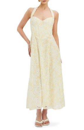 Bardot Pollie Eyelet Halter Midi Dress in Yellow Floral at Nordstrom, Size 12
