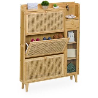 Relaxdays Relaxdays - Mueble Zapatero, 5 Compartimentos, Armario Calzado Bamb&uacute;, 127x95x19 Cm, 9 Pares, 3 Solapas, Estrecho, Natural