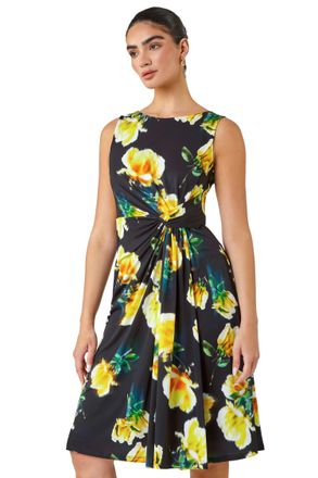 Roman Womens Floral Twist Detail Ruched Dress - Black - Size 14 UK