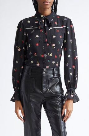 Cinq à Sept Kelela Print Tie Neck Shirt in Black Multi at Nordstrom, Size X-Large