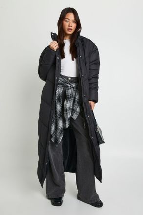 Boohoo Womens Tall Hooded Quilt Detail Maxi Puffer - Black - Size 14 UK