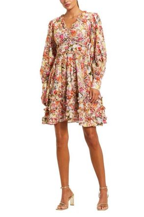Mac Duggal Ruffle Floral V Neck Cotton Mini Dress in Pink Multi at Nordstrom, Size 8