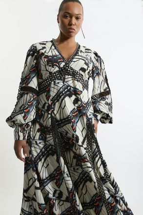 Karen Millen Plus Size Butterfly Print Lace Insert Trim Woven Midaxi Dress