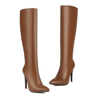 Generic Brown,6.5 UK,Womens Leather PU Knee High Boots Side Zipper Pointed Toe Comfy Stiletto Heels Tall Boot Fall Winter Dress Shoes