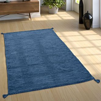 Paco Home Paco Home Alfombra Natural Sal&oacute;n Con Flecos, Moderna Tejida A Mano Kilim, 100 % Algod&oacute;n 160x220 Cm, Azul