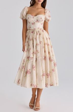 House of CB Penelope Floral Puff Sleeve Corset Chiffon Midi Dress in Ivory Vintage Rose Print at Nordstrom, Size X-Large A