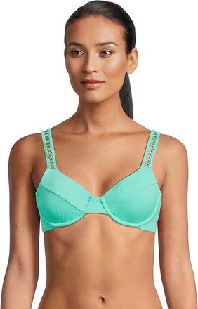 BECCA by Rebecca Virtue Modern Edge Rib Sandy Underwire Bra Top Womens Swimwear Aqua Sea : D-Cup, Nylon/Spandex