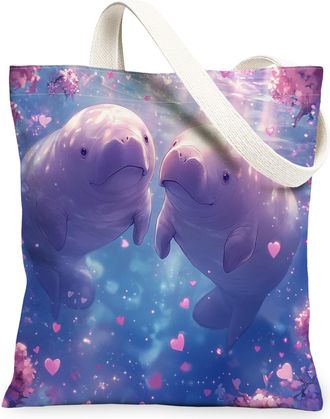 Generic Valentines Day Manatee Canvas Tote Bag for Shopping 13x15, Ocean Sea Sealife Love Heart Reusable Grocery Print Pattern Bag for Women, Couple Lover Bea