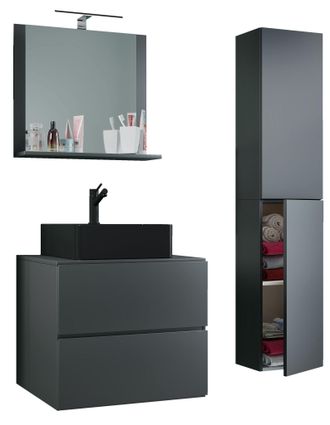 ebuy24 Ebuy24 - Vcm 4 Pcs Lavabo Lavabo Negro Gabinete Inferior Ancho 60 Cm Muebles De Ba&ntilde;o Con Cajones Espejo De Puertas Giratorias Lendas S Bl (antracita)