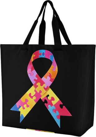 Generic Autism Ribbon Awareness Tote Bag Reusable Grocery Shopping Bags Large Travel One Shoulder Handbag for Picnic Work