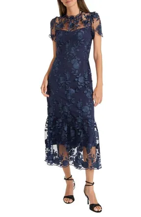 Maggy London Embroidered Floral Overlay Cocktail Dress in Twilight Navy at Nordstrom, Size 18W