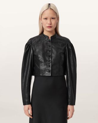 AllSaints Leather Sadie Cropped Leather Jacket, Size: UK 14/US 10