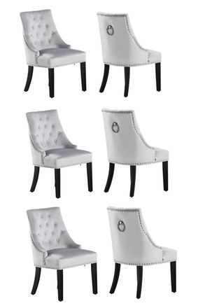 Life Interiors Set of 6 Velvet Dining Chairs Scoop Knockerback & Button Tufted, Solid Wood Legs in Light Grey