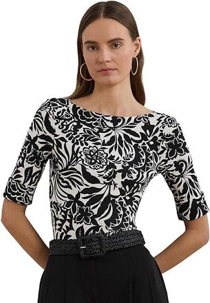 Lauren Ralph Lauren Petite Floral Stretch Cotton Boatneck T-Shirts Womens Clothing Cream/Black : PXS, Cotton/Elastane