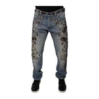 Dolce & Gabbana Straight Fit Jeans, male, Blue, XL, Floral Embroidery Skinny Jeans