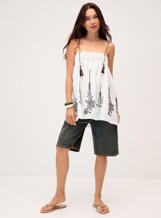 Twik Womens Floral embroidery smocked tube top