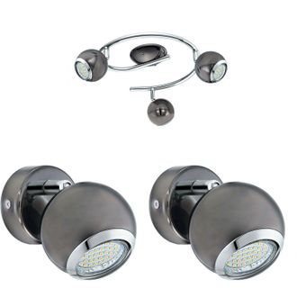 Loops Ceiling Spot Light & 2x Matching Wall Lights Black Nickel Round Adjustable Lamp in Metallics