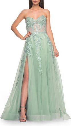 La Femme Sweetheart Strapless Gown with Beautiful Lace Applique in Sage at Nordstrom, Size 14