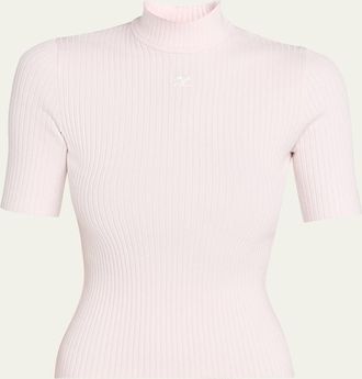 Courr&egrave;ges Mock-Neck Short-Sleeve Rib Pullover