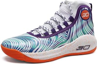 Generic Mens High top Basketball Shoes Anti Slip Wear-Resistant Breathable Indoor Outdoor Trendy Sports Training Boots Walking Shoes(White Orange,3.5 UK)