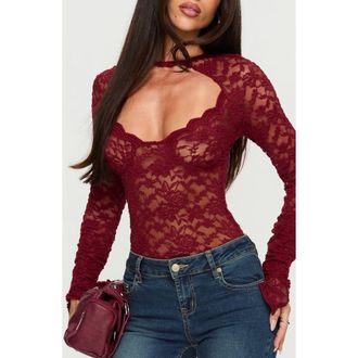 Princess Polly Giallo Long Sleeve Lace Bodysuit in Burgundy at Nordstrom, Size 2